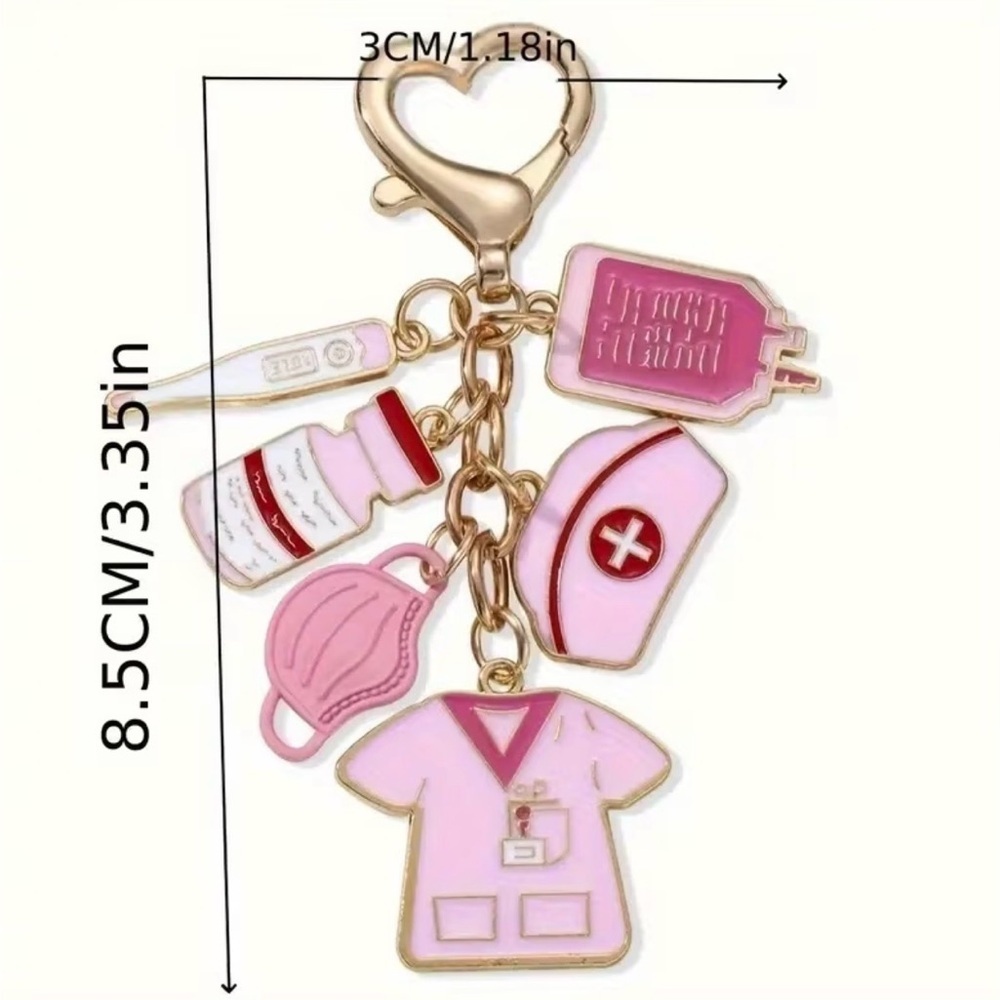 Nurse Charm Keychain | Pink Nurse Hat Scrubs Stethoscope IV Bag Purse Charm - Picture 3 of 3
